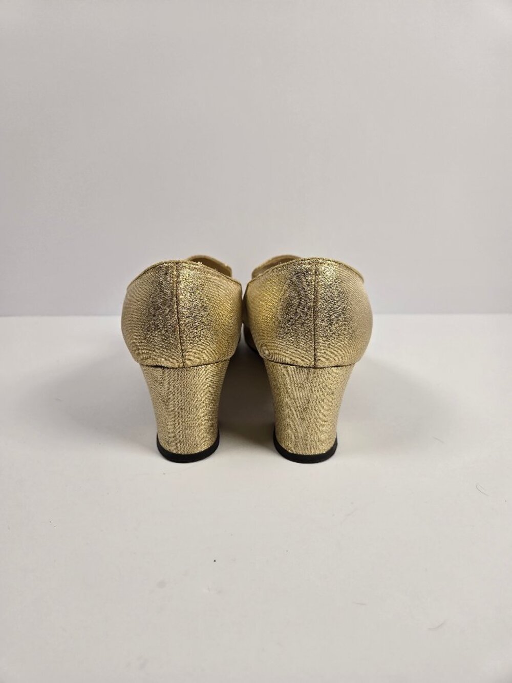 Vintage Balenciaga Gold Metallic Block Heel Pumps Rhinestone Button Square Toe